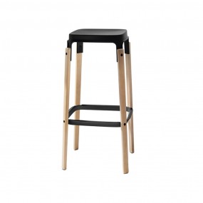 Vysoká barová stolička STEELWOOD STOOL - čierna s bukovými nohami
