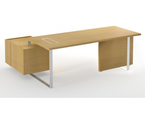 Kancelársky stôl PLANA 244x150x75 s preskleným panelom a pevným kontajnerom na pravej strane