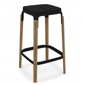 Nízka barová stolička STEELWOOD STOOL - čierna s bukovými nohami